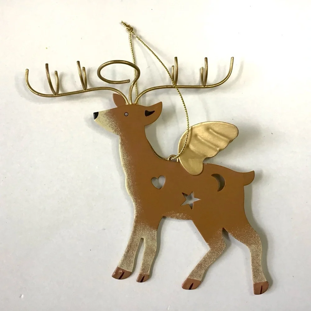 Reindeer Christmas Ornament Gold Wings Cut-Outs Whimsical Folk Art Rustic Deer